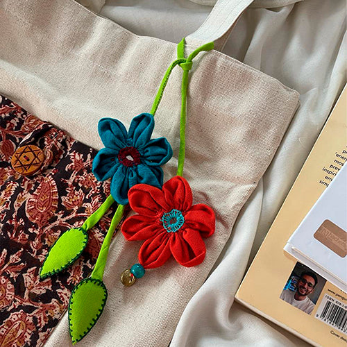 Floral Charm Cotton Fabric Flower And Leaf Bag Accessory with Mirror Work