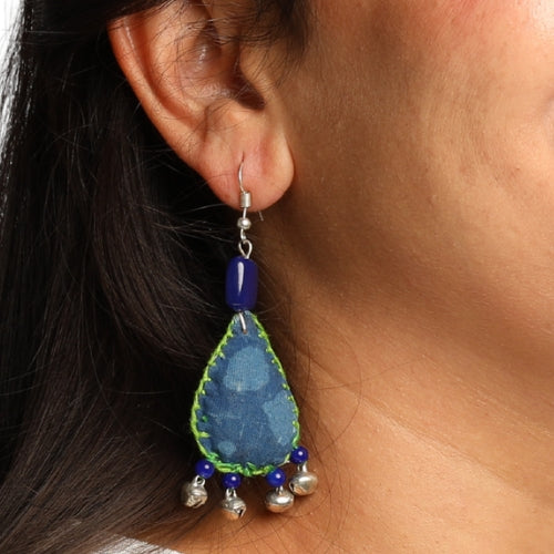 Indigo Fabric Earrings with Beads and Bells
