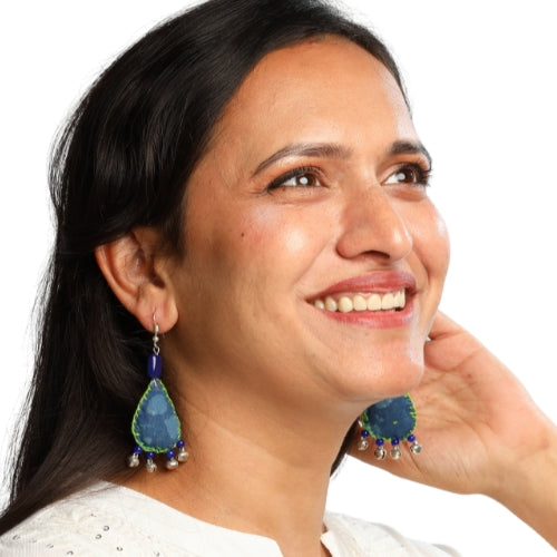 Indigo Fabric Earrings with Beads and Bells