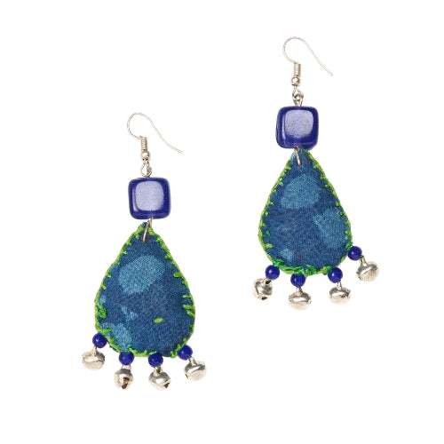 Indigo Fabric Earrings with Beads and Bells