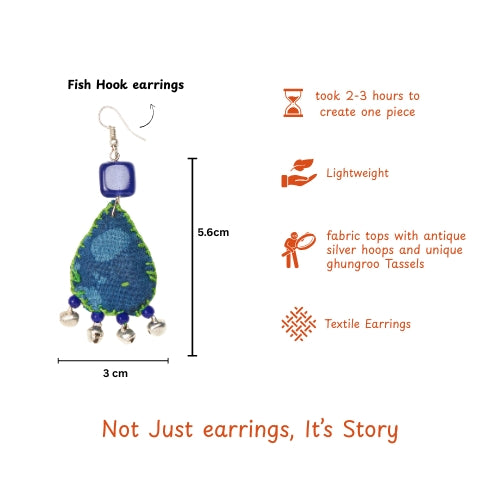Indigo Fabric Earrings with Beads and Bells