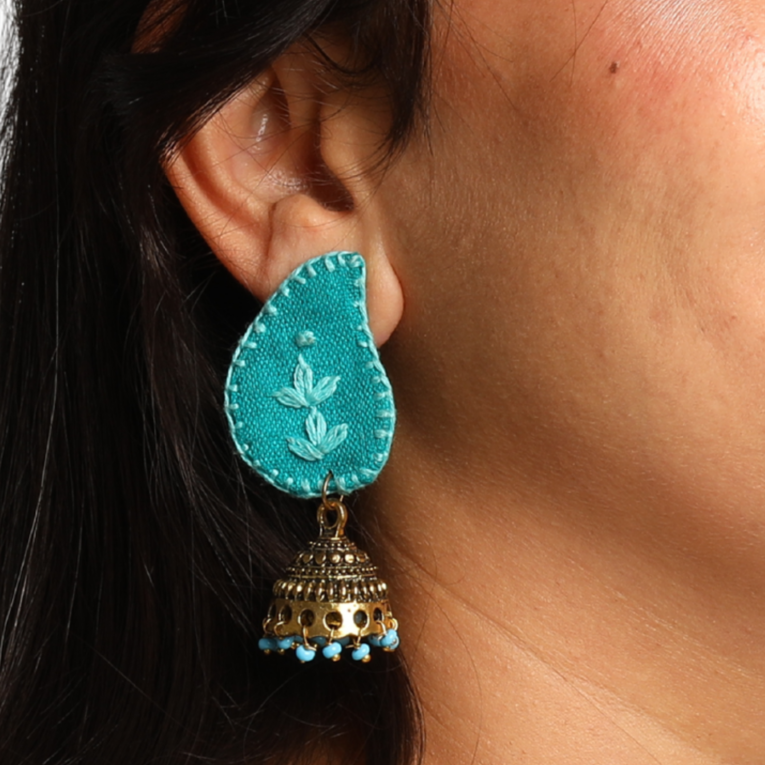Teal Fabric Jhumka Earrings with Embroidery