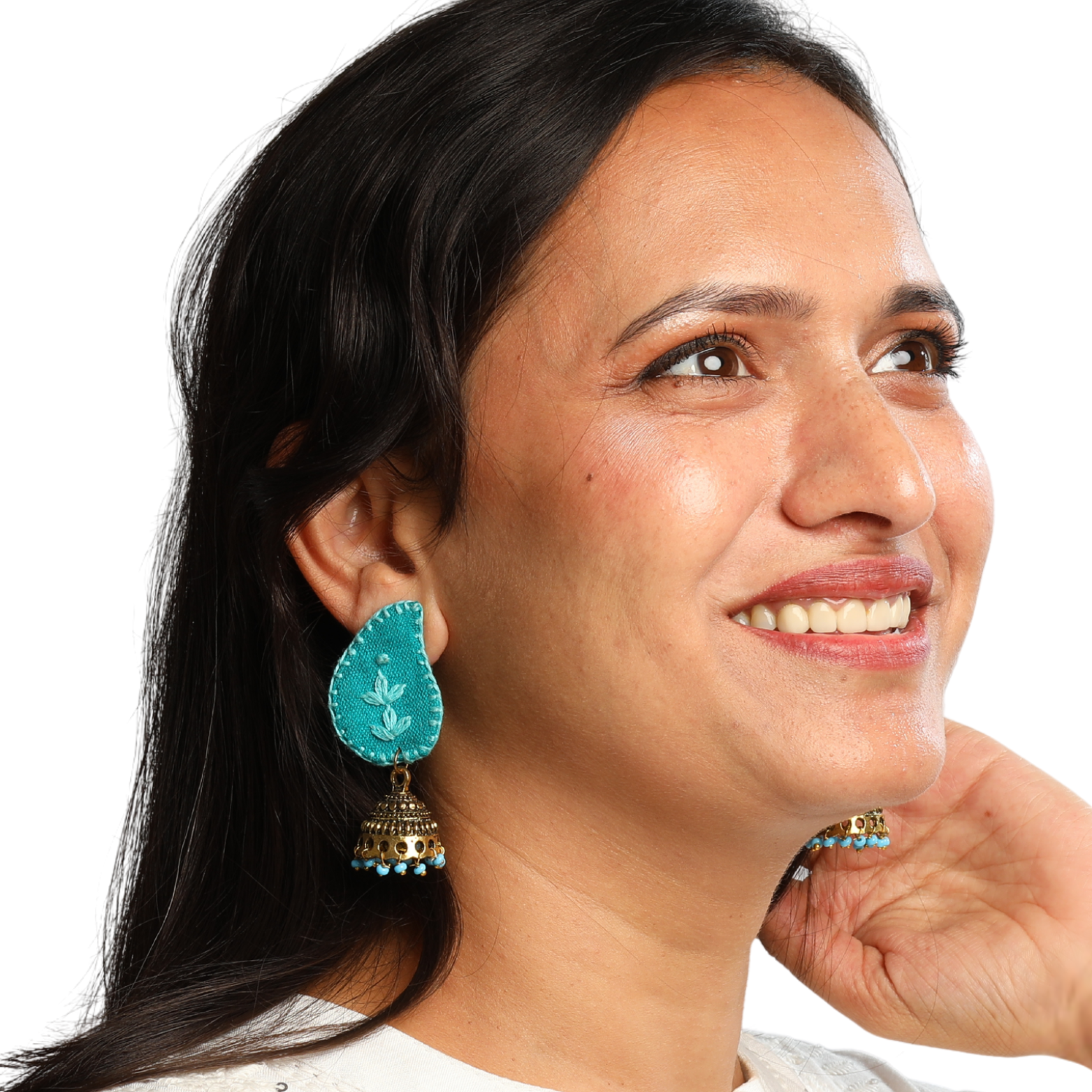 Teal Fabric Jhumka Earrings with Embroidery
