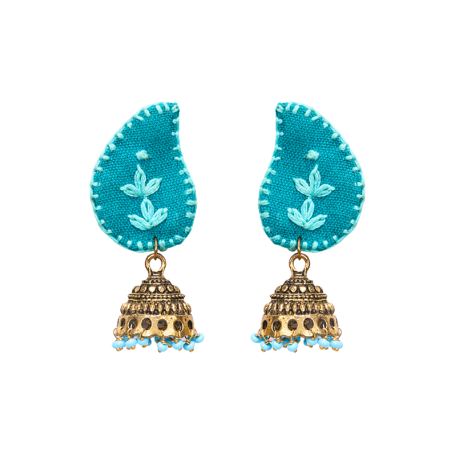 Teal Fabric Jhumka Earrings with Embroidery