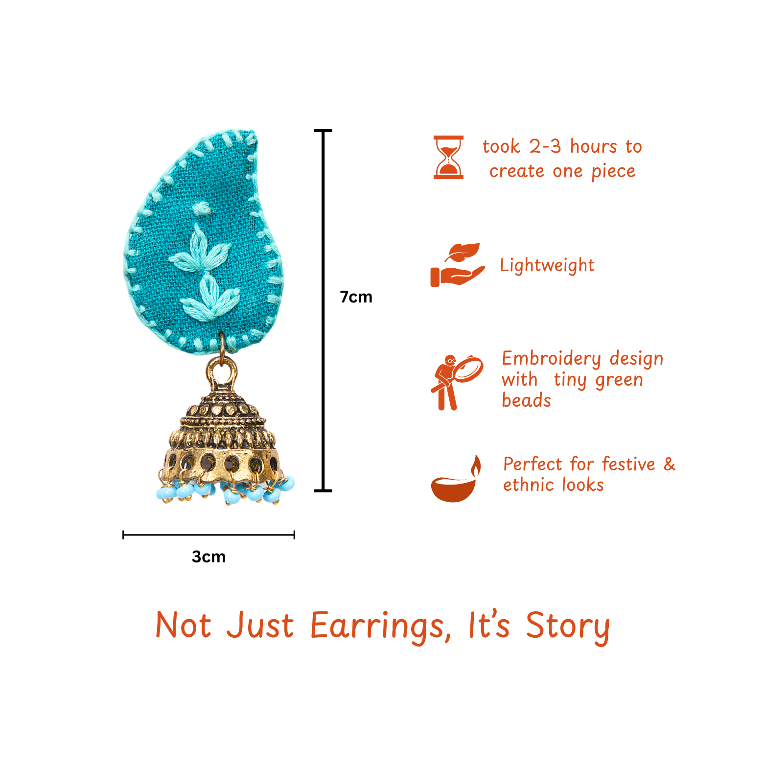 Teal Fabric Jhumka Earrings with Embroidery