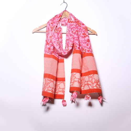 Handwoven Pink Floral Stole with Tassels