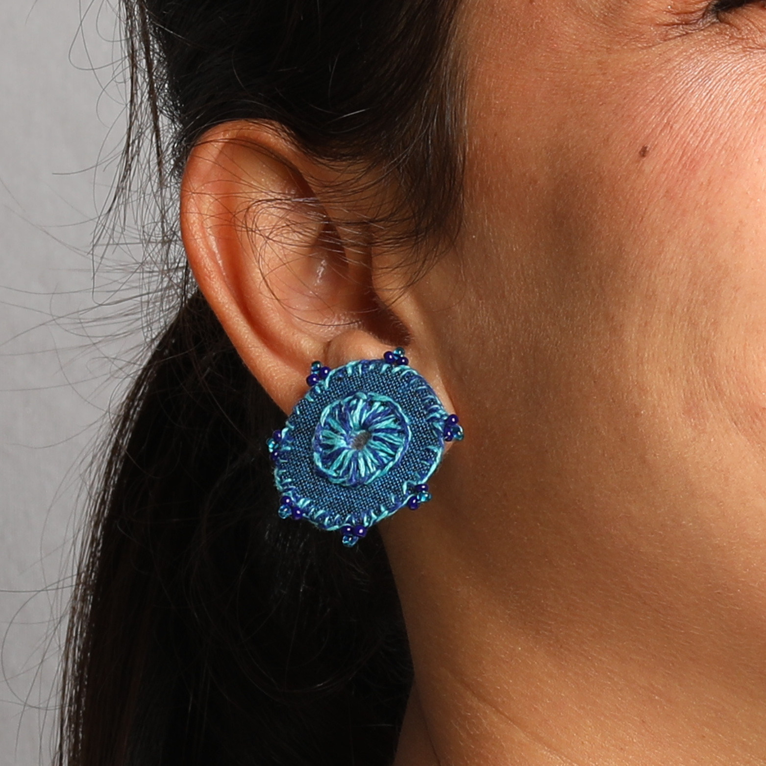 Hand-Embroidered Circular Fabric Stud Earrings