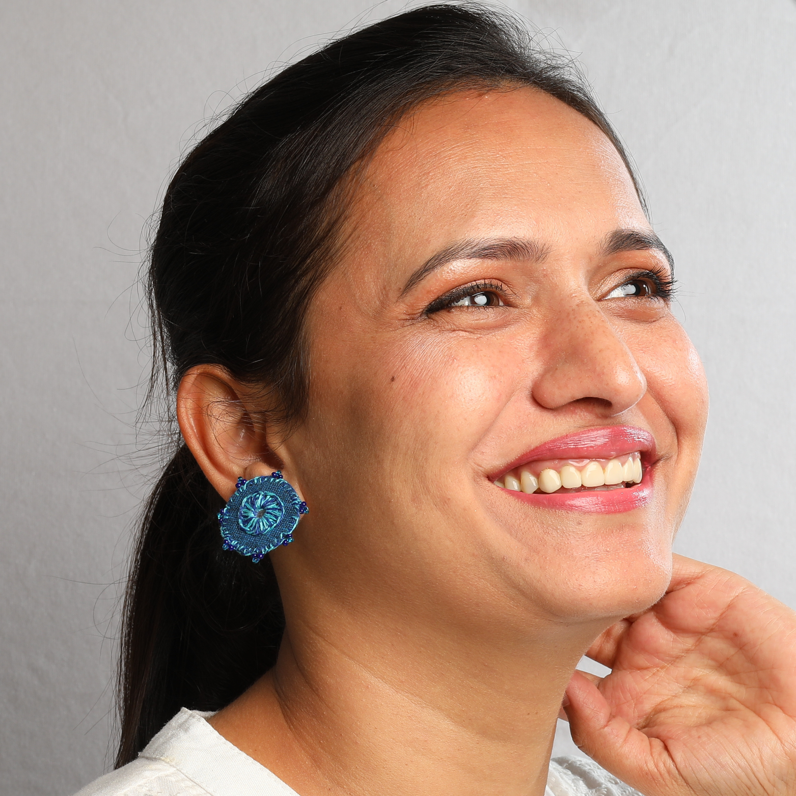 Hand-Embroidered Circular Fabric Stud Earrings