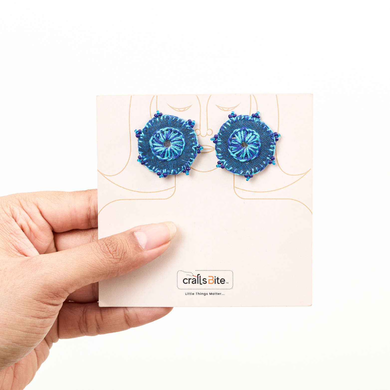 Hand-Embroidered Circular Fabric Stud Earrings