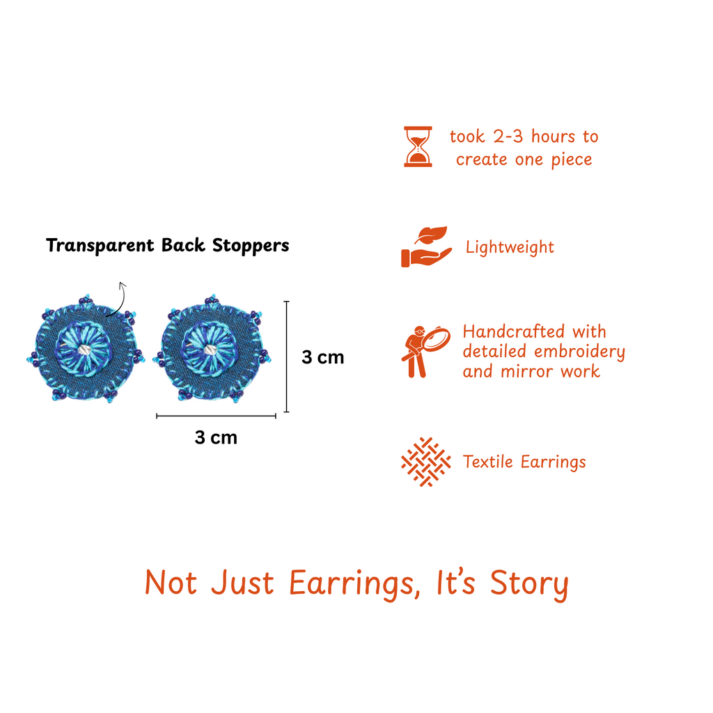 Hand-Embroidered Circular Fabric Stud Earrings