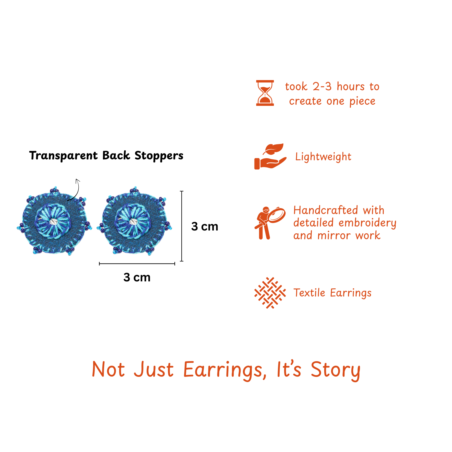 Hand-Embroidered Circular Fabric Stud Earrings