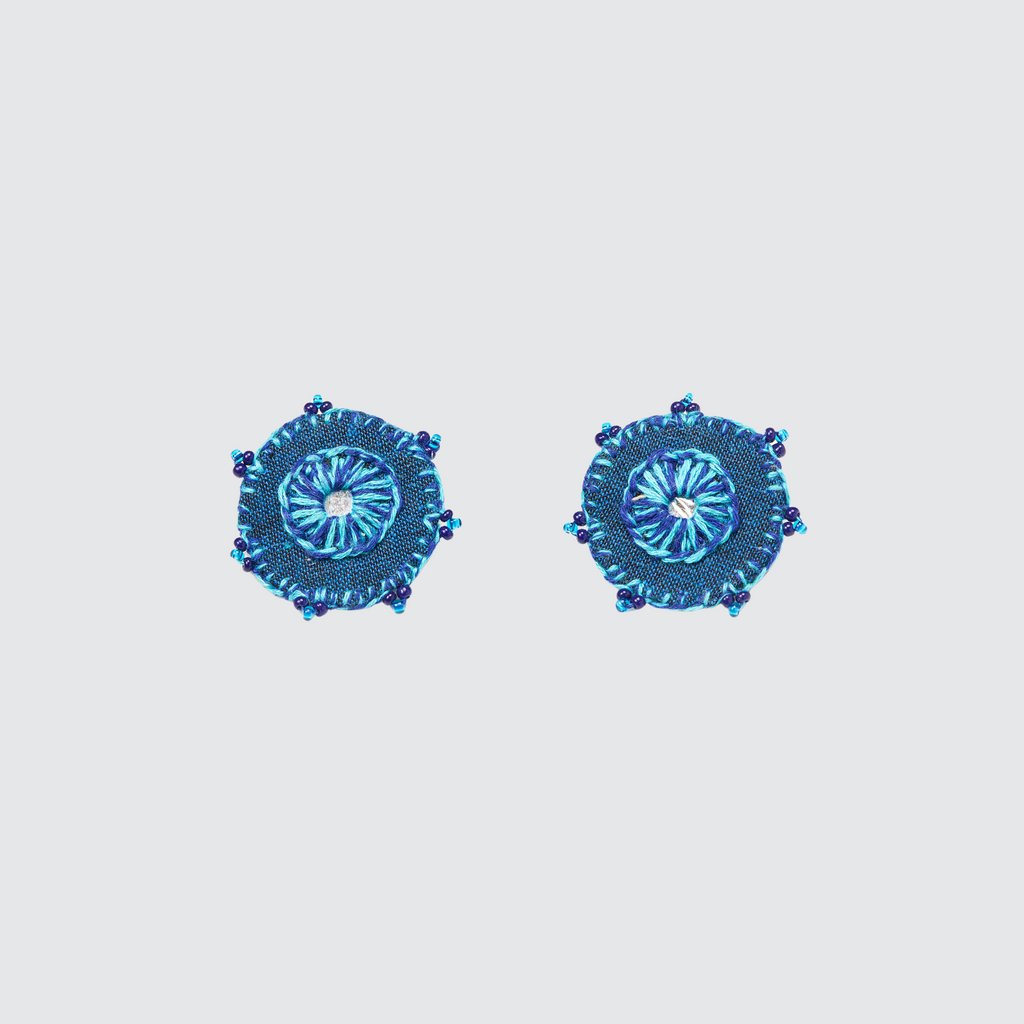 Hand-Embroidered Circular Fabric Stud Earrings