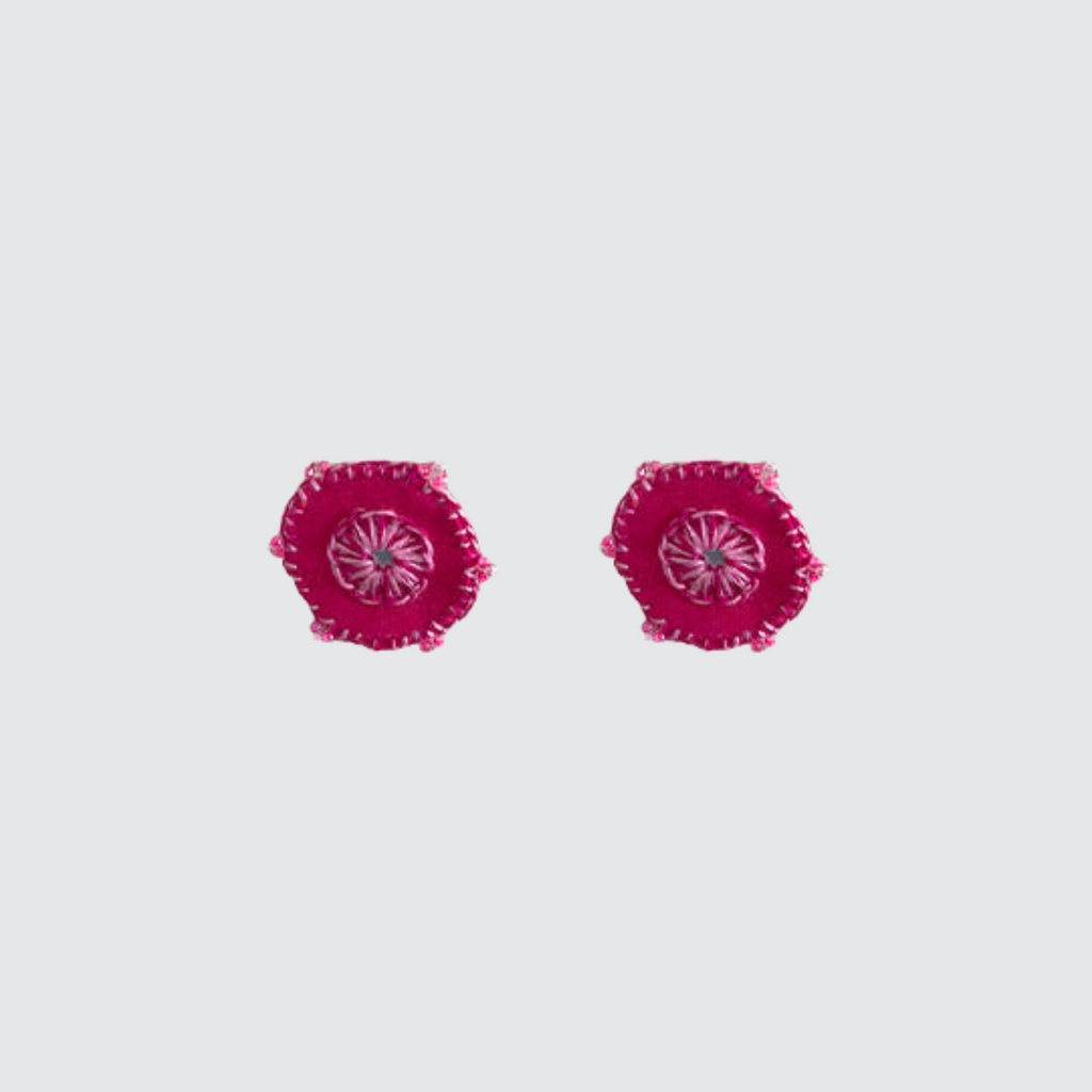 Hand-Embroidered Circular Fabric Stud Earrings