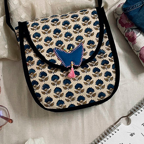 Ajrakh Flower Block Print Sling Bag with Butterfly