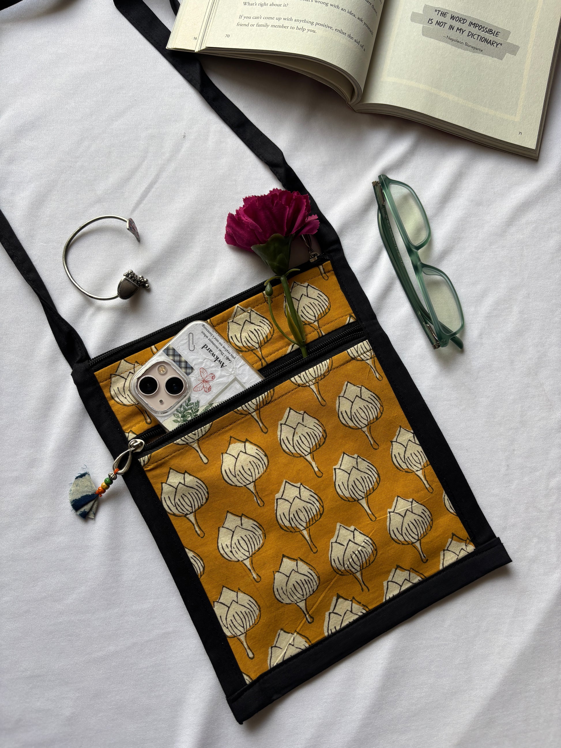 Mustard Lotus Mobile Sling Bag