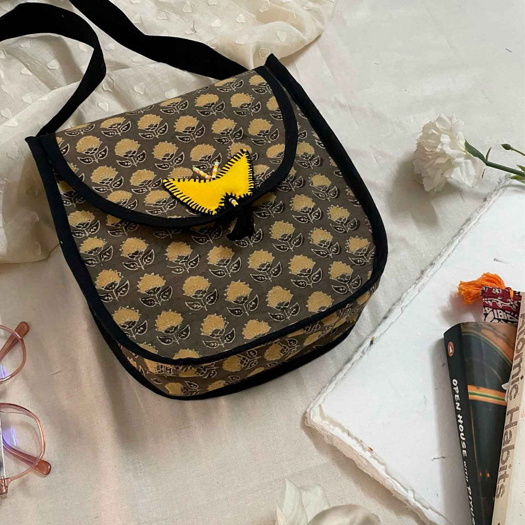 Ajrakh Flower Block Print Sling Bag with Butterfly
