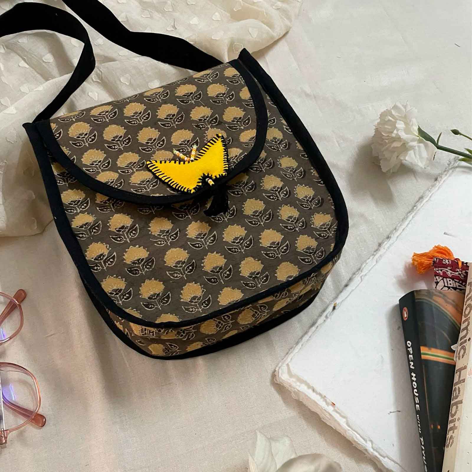 Ajrakh Flower Block Print Sling Bag with Butterfly